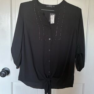 The Limited Black Button-Front Tie-Hem Blouse with Contrast Stitching
